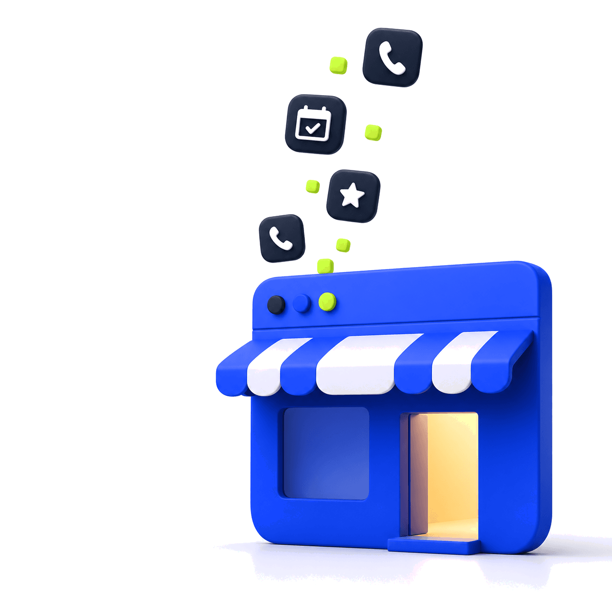 A storefront-shaped website with calls, bookings, and reviews arriving